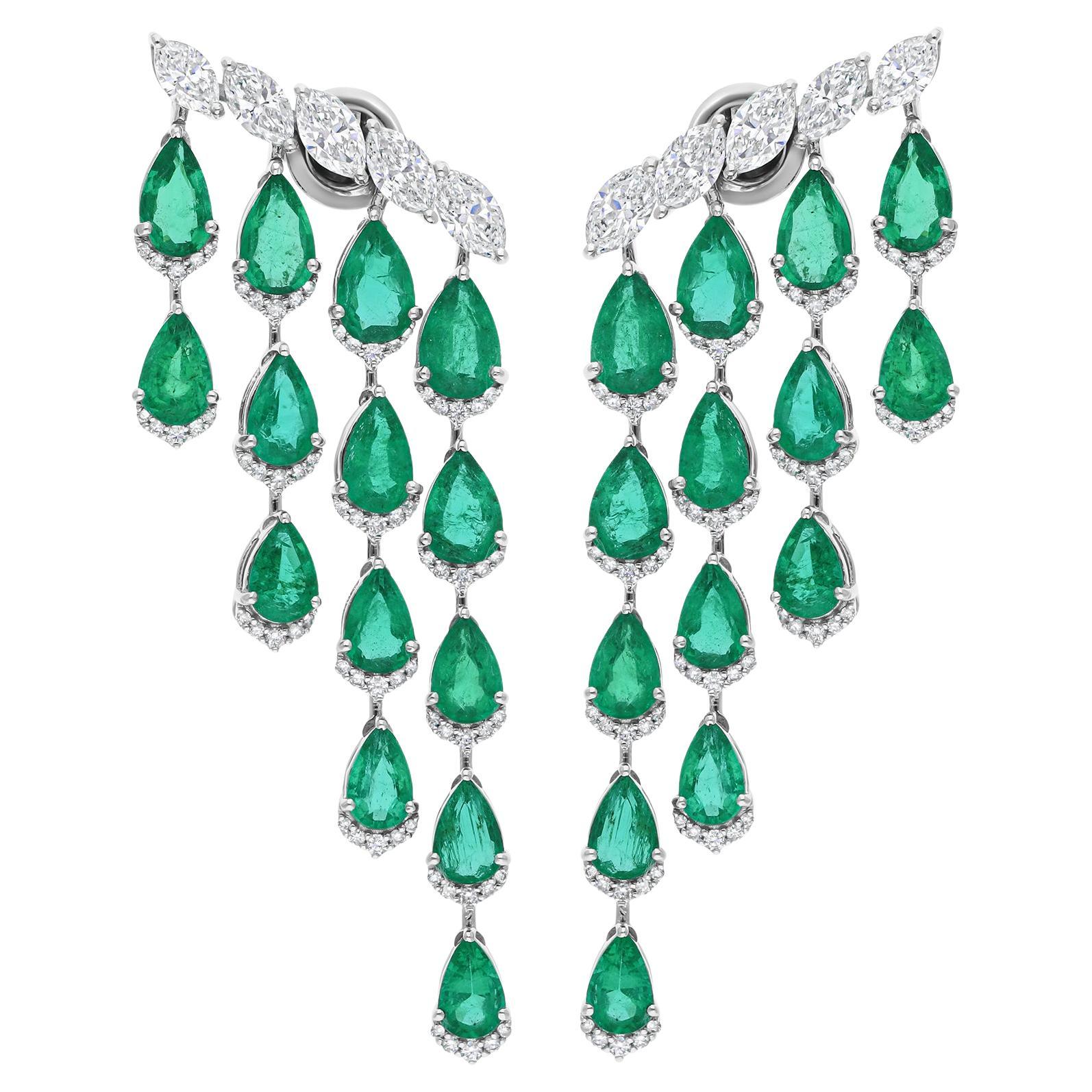 14.98 TCW Zambian Emerald H/SI Marquise Diamond Dangle Earrings 18K White Gold