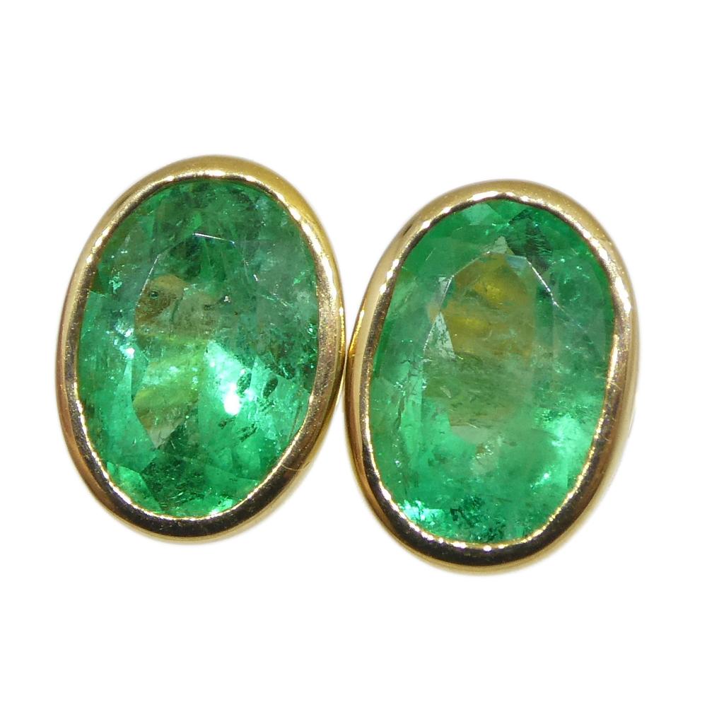 Contemporary 1.49ct Colombian Emerald Stud Earrings set in 18k Yellow Gold For Sale