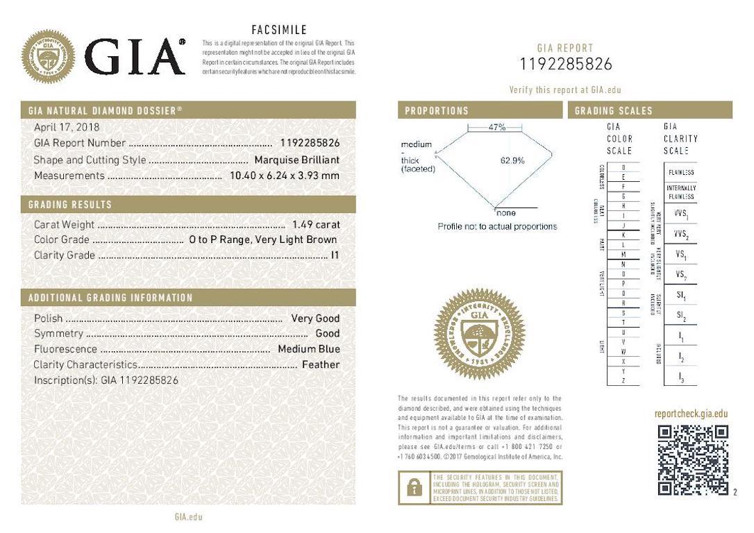 Shape/Cut: Marquise  
Clarity: I1
Color: O - P 
Dimensions (mm): 10.40 x 6.24 x 3.93 
Weight: 1.49ct 

GIA Report Number: 1192285826 

Please check out the enlarged pictures.

Thank you for taking the time to read our description. If you have any