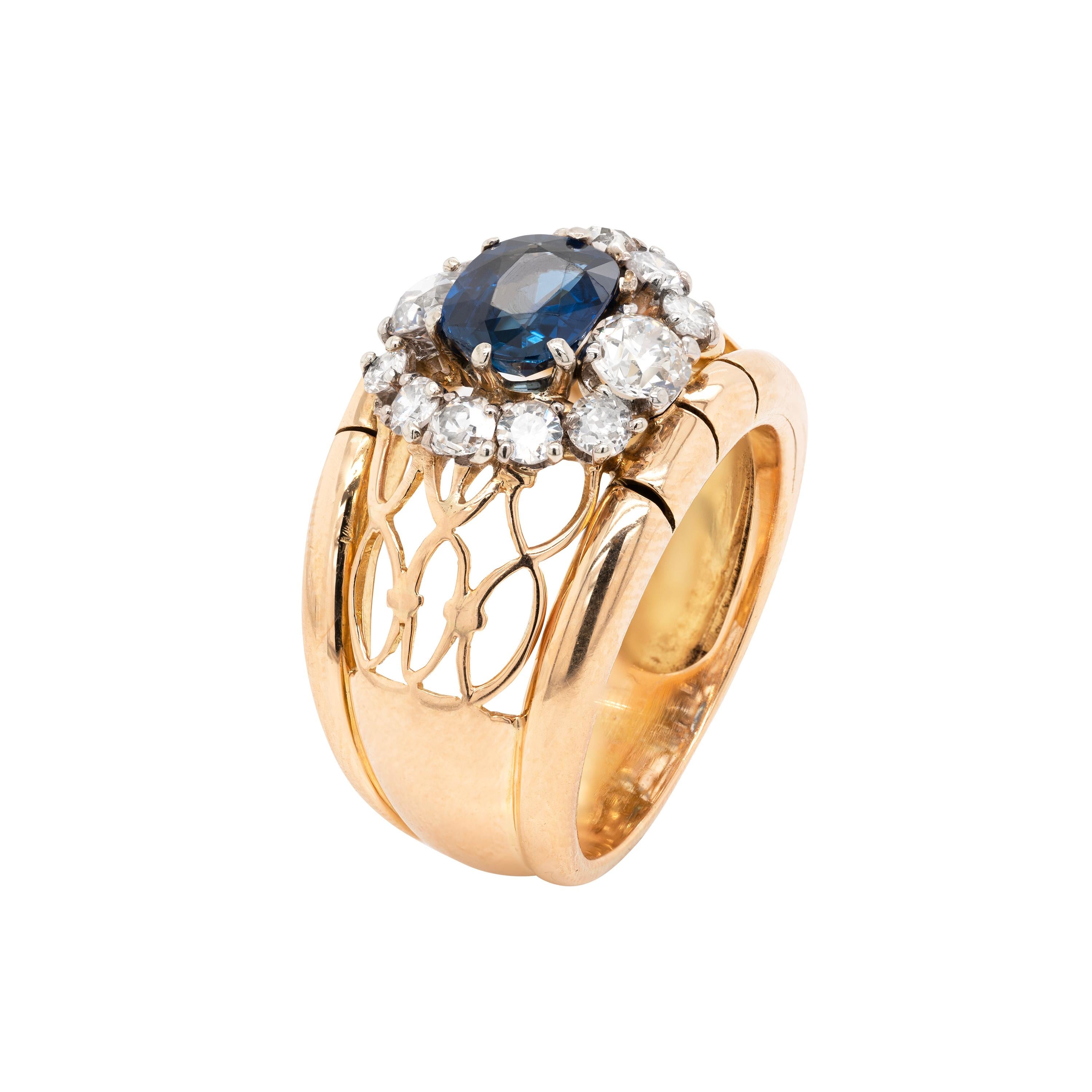 1,49 Karat natürlicher unerhitzter blauer Saphir & Diamant 18K Gold Kleid Ring, ca. 1940er Jahre (Retro) im Angebot