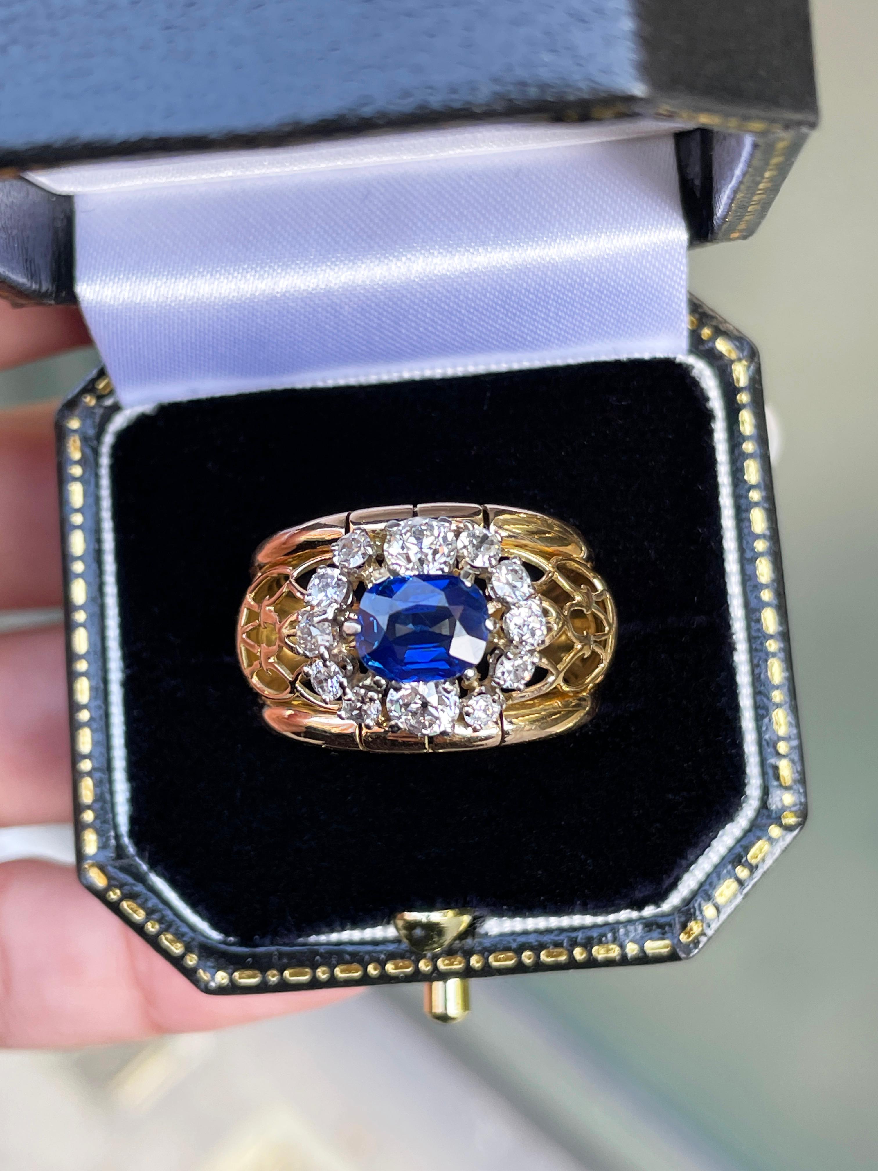 1,49 Karat natürlicher unerhitzter blauer Saphir & Diamant 18K Gold Kleid Ring, ca. 1940er Jahre (Kissenschliff) im Angebot