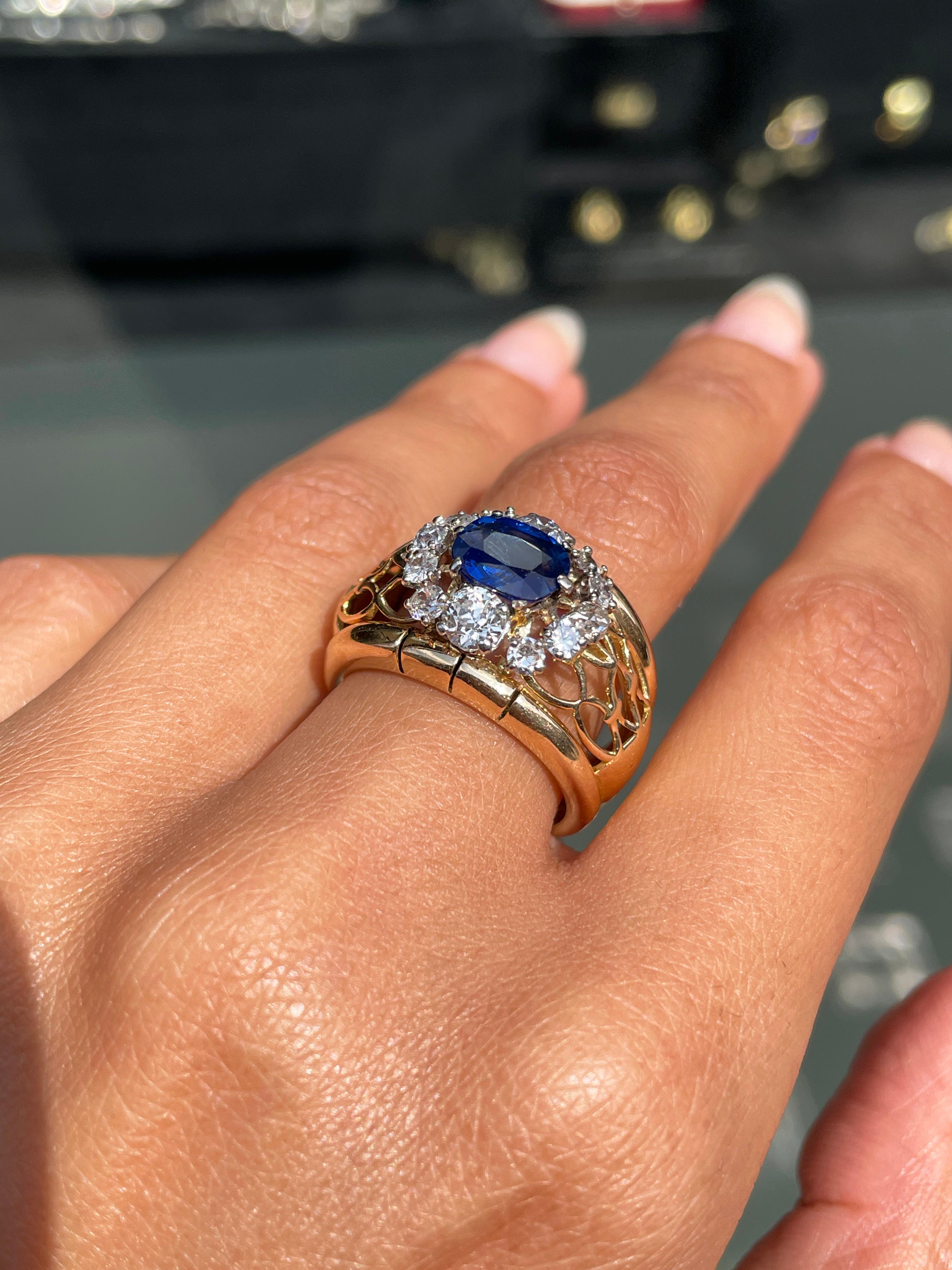 1,49 Karat natürlicher unerhitzter blauer Saphir & Diamant 18K Gold Kleid Ring, ca. 1940er Jahre im Angebot 1