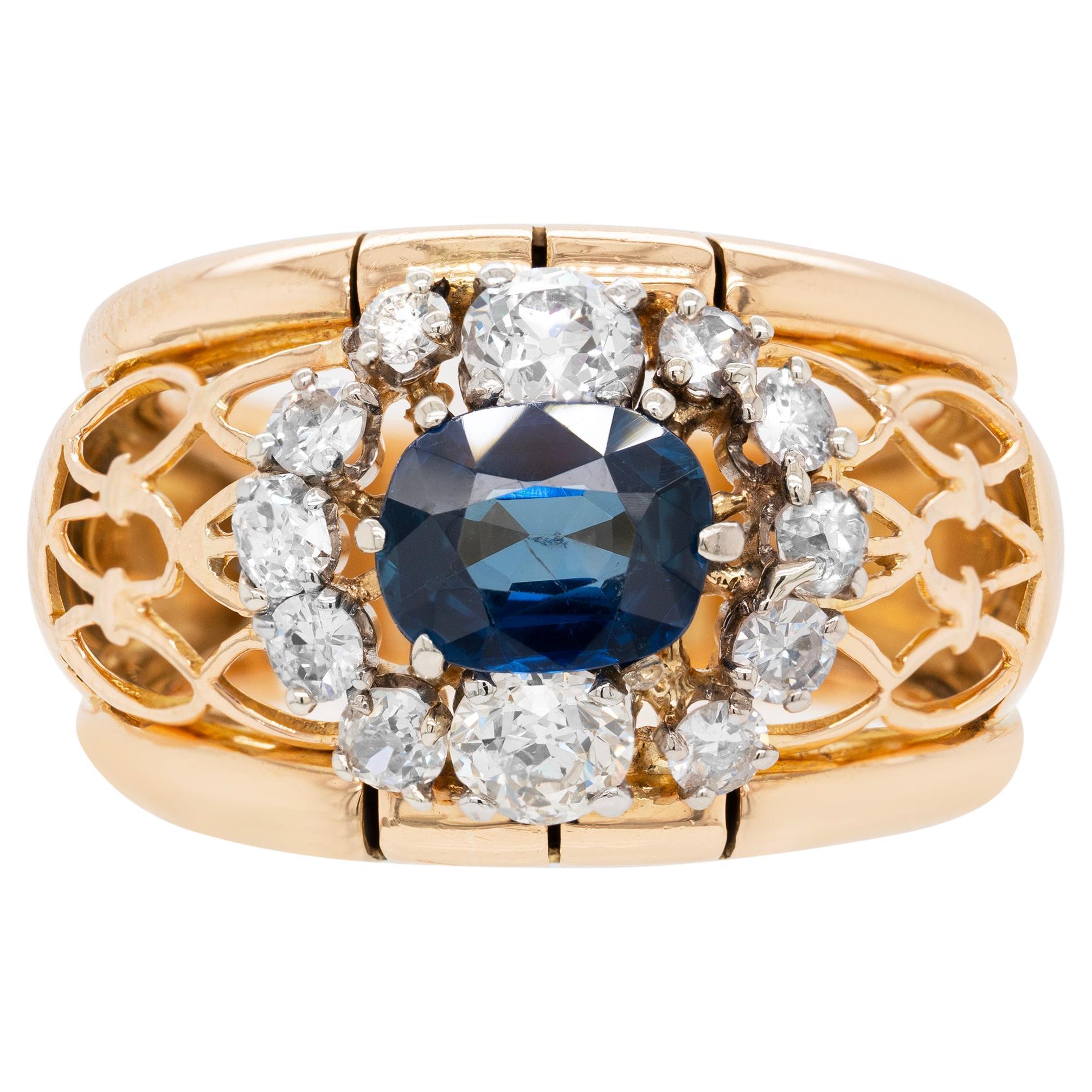 1,49 Karat natürlicher unerhitzter blauer Saphir & Diamant 18K Gold Kleid Ring, ca. 1940er Jahre