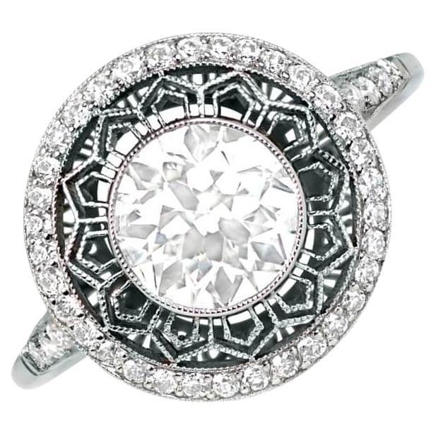 Bague de fiançailles en platine avec diamant taille européenne ancienne de 1,49 carat, couleur I, halo de diamants
