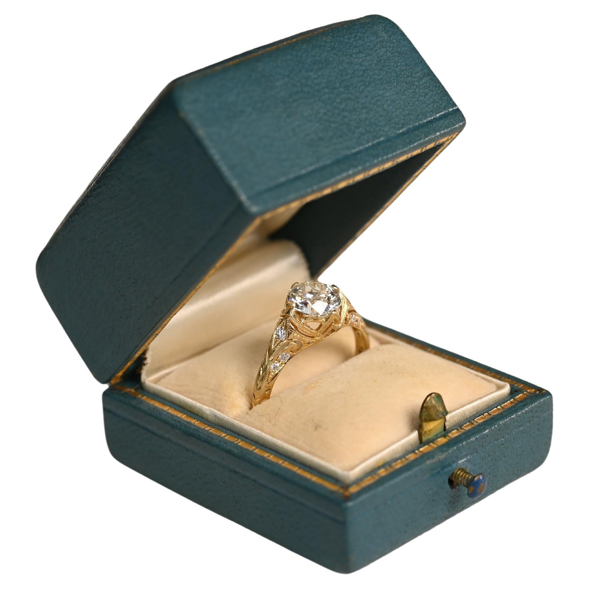 Anello di fidanzamento con diamante vecchio taglio europeo (circa 1,40 carati), oro giallo 18 carati