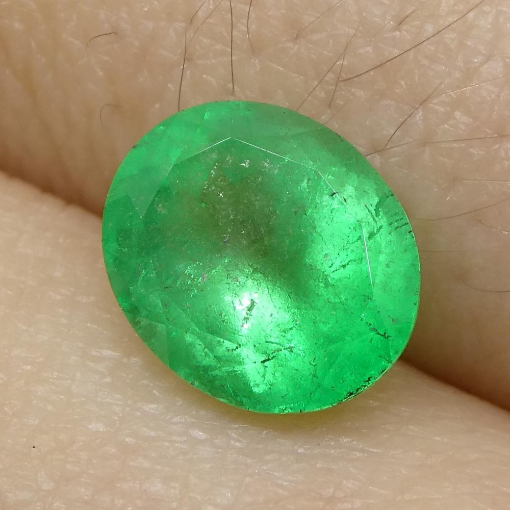 Description:

Gem Type: Emerald 
Number of Stones: 1
Weight: 1.49 cts
Measurements: 7.72 x 6.56 x 4.81 mm
Shape: Oval
Cutting Style Crown: Brilliant Cut
Cutting Style Pavilion: Modified Brilliant Cut 
Transparency: Transparent
Clarity: Slightly