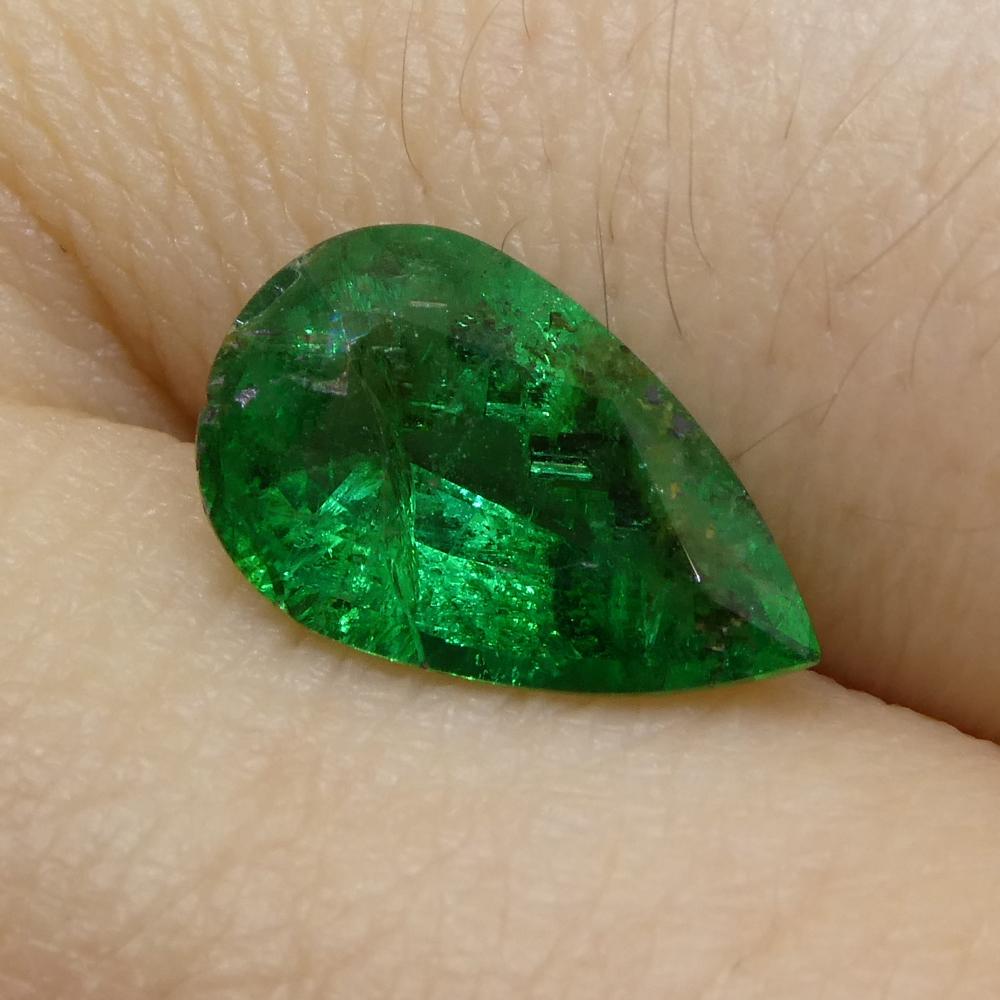 Description:

Gem Type: Emerald 
Number of Stones: 1
Weight: 1.49 cts
Measurements: 10.42x6.68x3.99mm
Shape: Pear
Cutting Style Crown: Brilliant Cut
Cutting Style Pavilion: Step Cut 
Transparency: Transparent
Clarity: Moderately Included: Inclusions