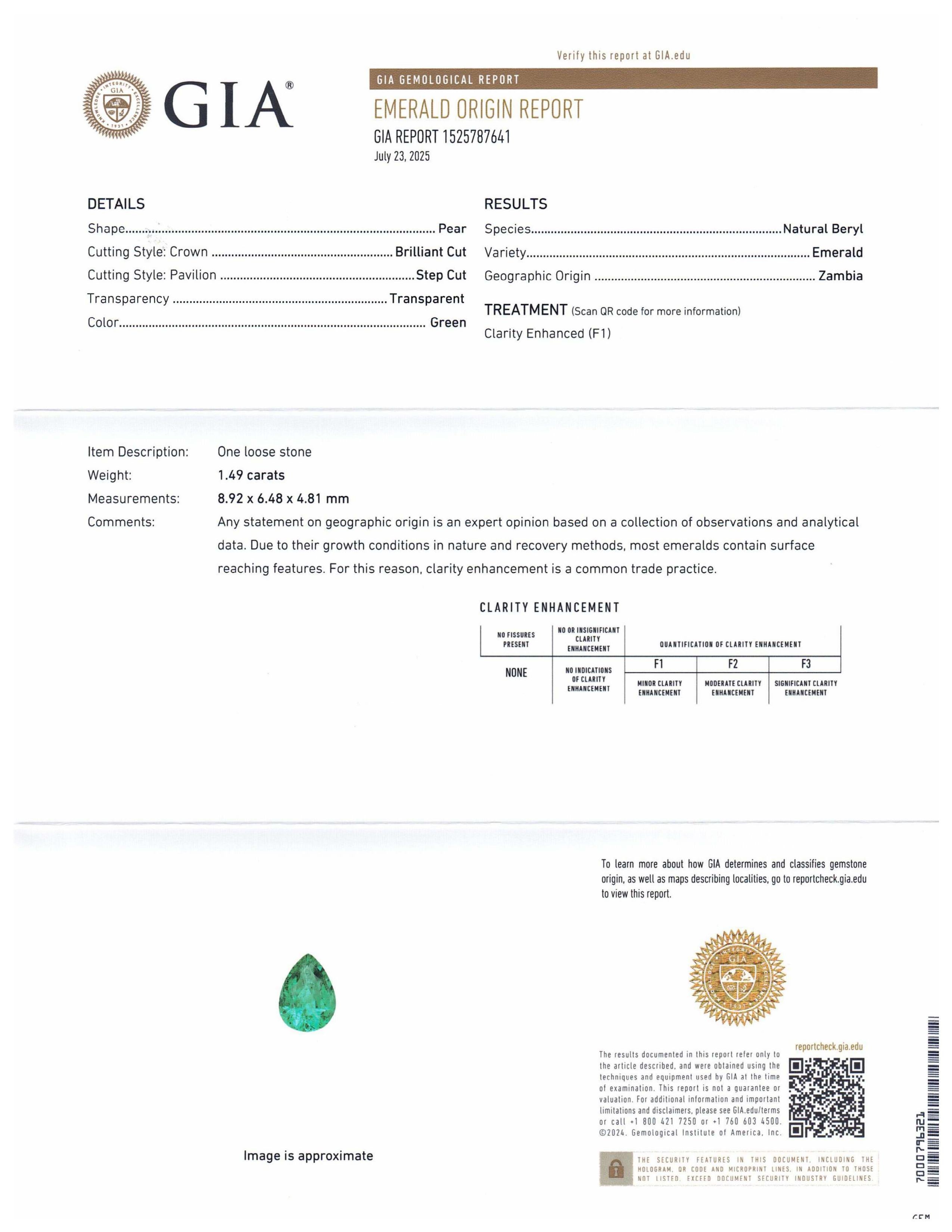This is a stunning GIA Certified Emerald 


The GIA report reads as follows:

GIA Report Number: 1525787641
Shape: Pear
Cutting Style: 
Cutting Style: Crown: Brilliant Cut
Cutting Style: Pavilion: Step Cut
Transparency: Transparent
Colour:
