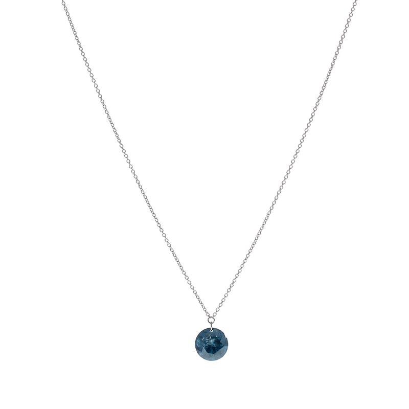 This ultra-modern solitaire pendant necklace features one sparkling round brilliant cut. The diamond is a fancy vivid blue irradiated diamond with a weight of 1.49 carats. A light-weight 16 inch long cable chain is threaded through a slim ring link