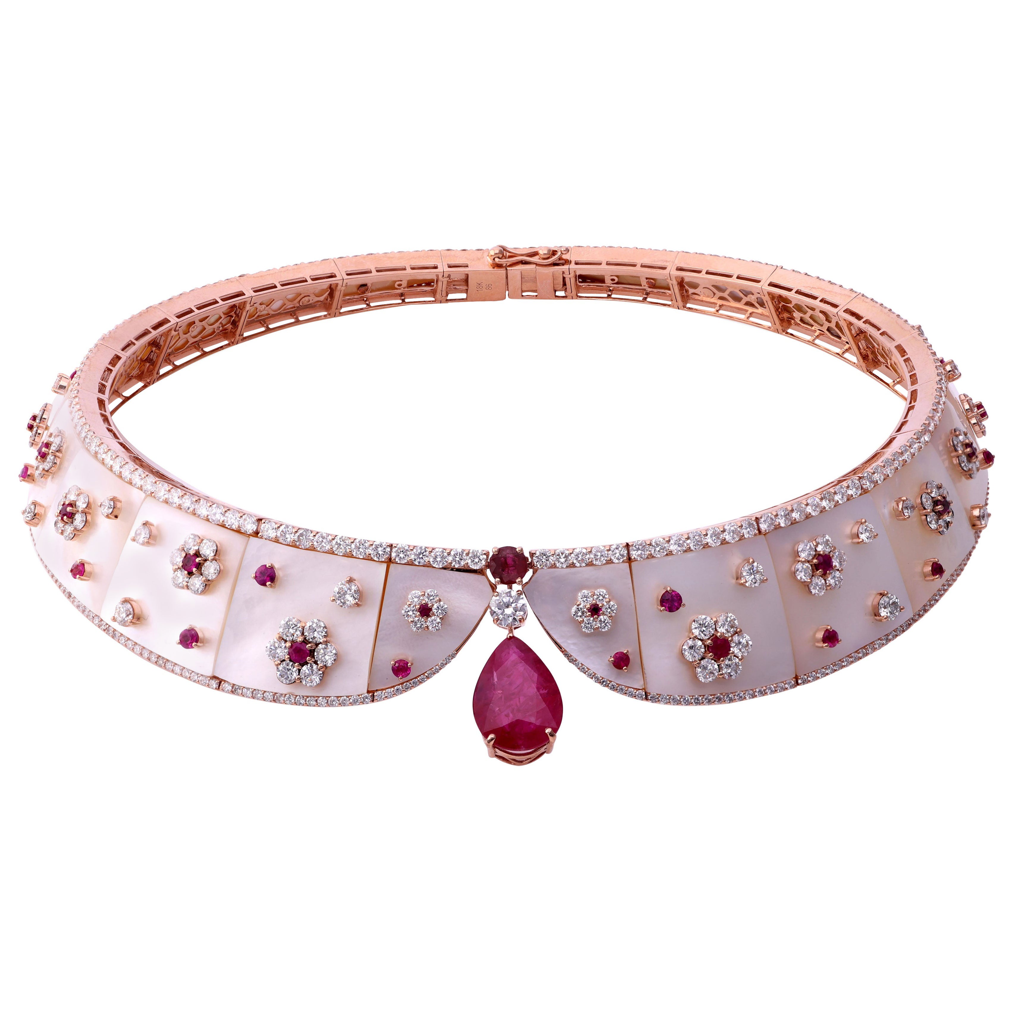 149ct Ruby Mother of Pearl Collar Choker Necklace 15.69ct Diamond 14k Rose Gold For Sale