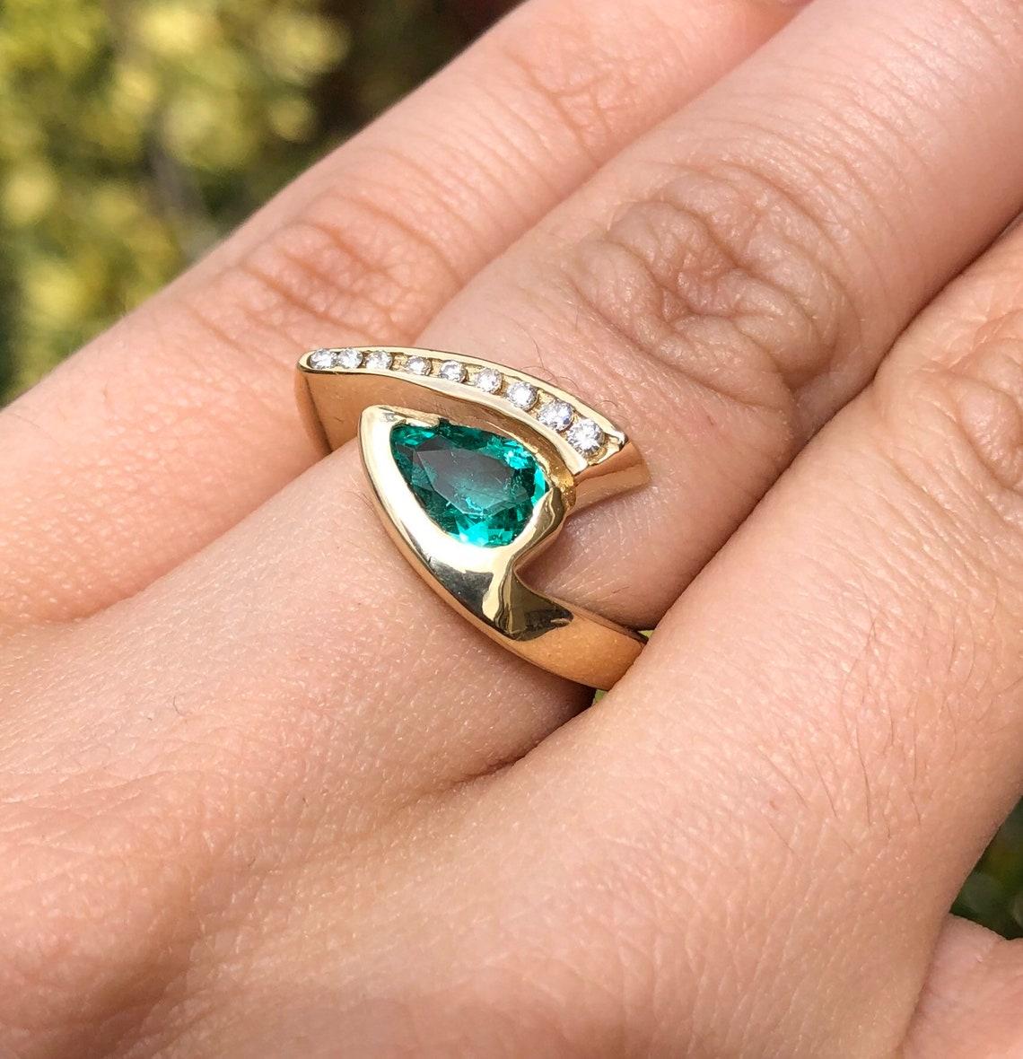 1.49tcw 14K Zambian Emerald Pear & Round Diamond Statement Bypass Ring  For Sale 1