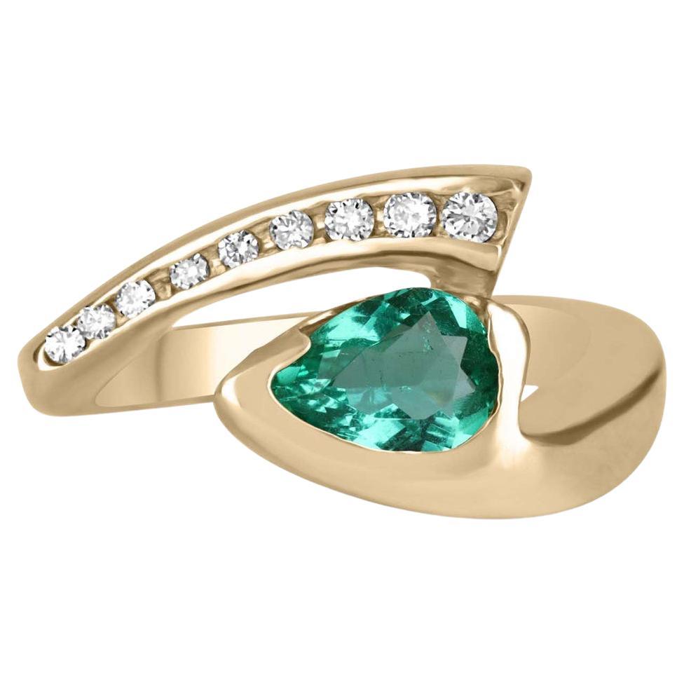 1.49tcw 14K Zambian Emerald Pear & Round Diamond Statement Bypass Ring 