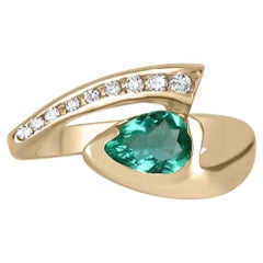 1.49tcw 14K Zambian Emerald Pear & Round Diamond Statement Bypass Ring 