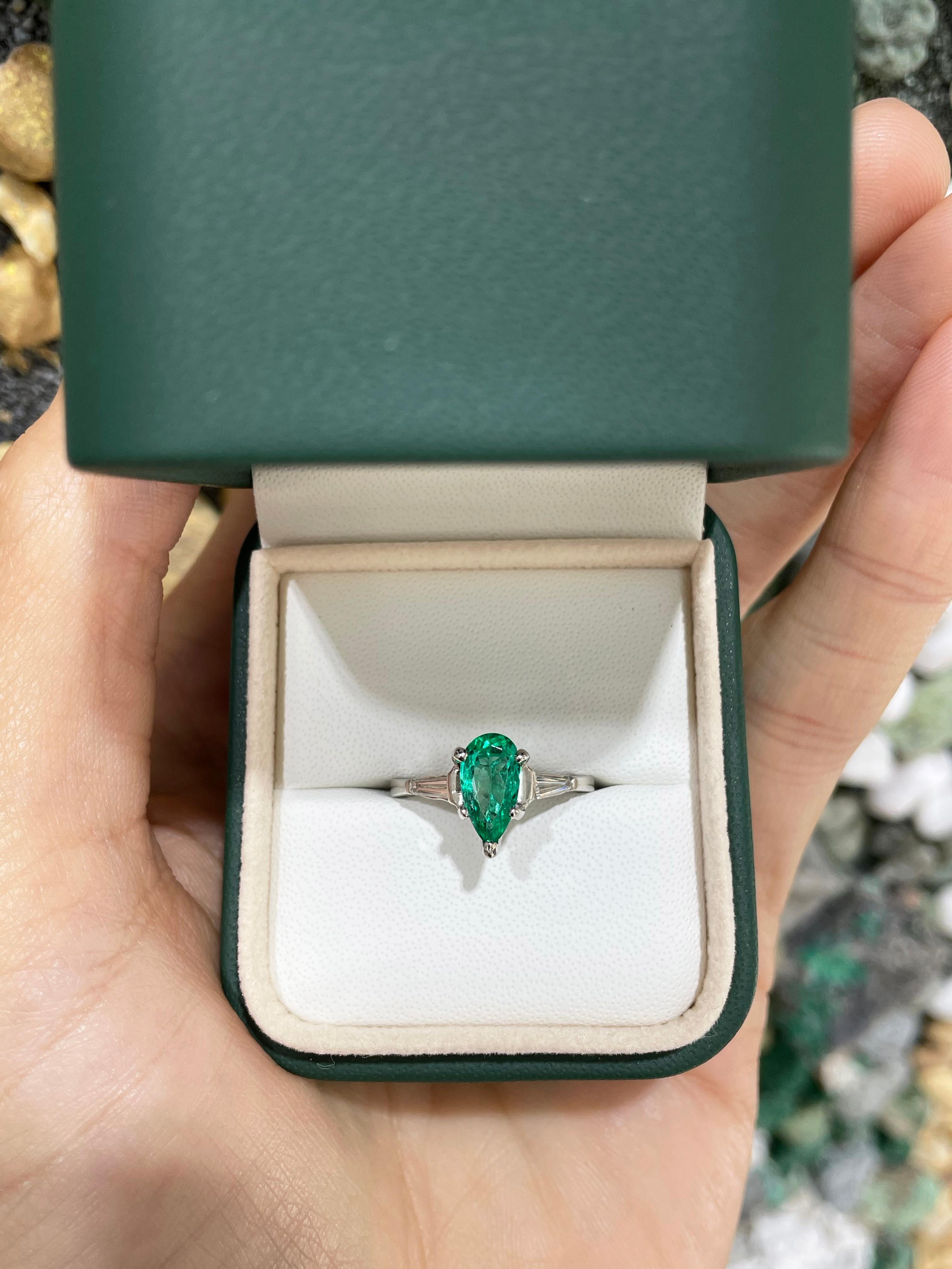 Modern 1.49tcw 18K Colombian Emerald-Pear Cut & Tapered Baguette Diamond Three Stone  For Sale
