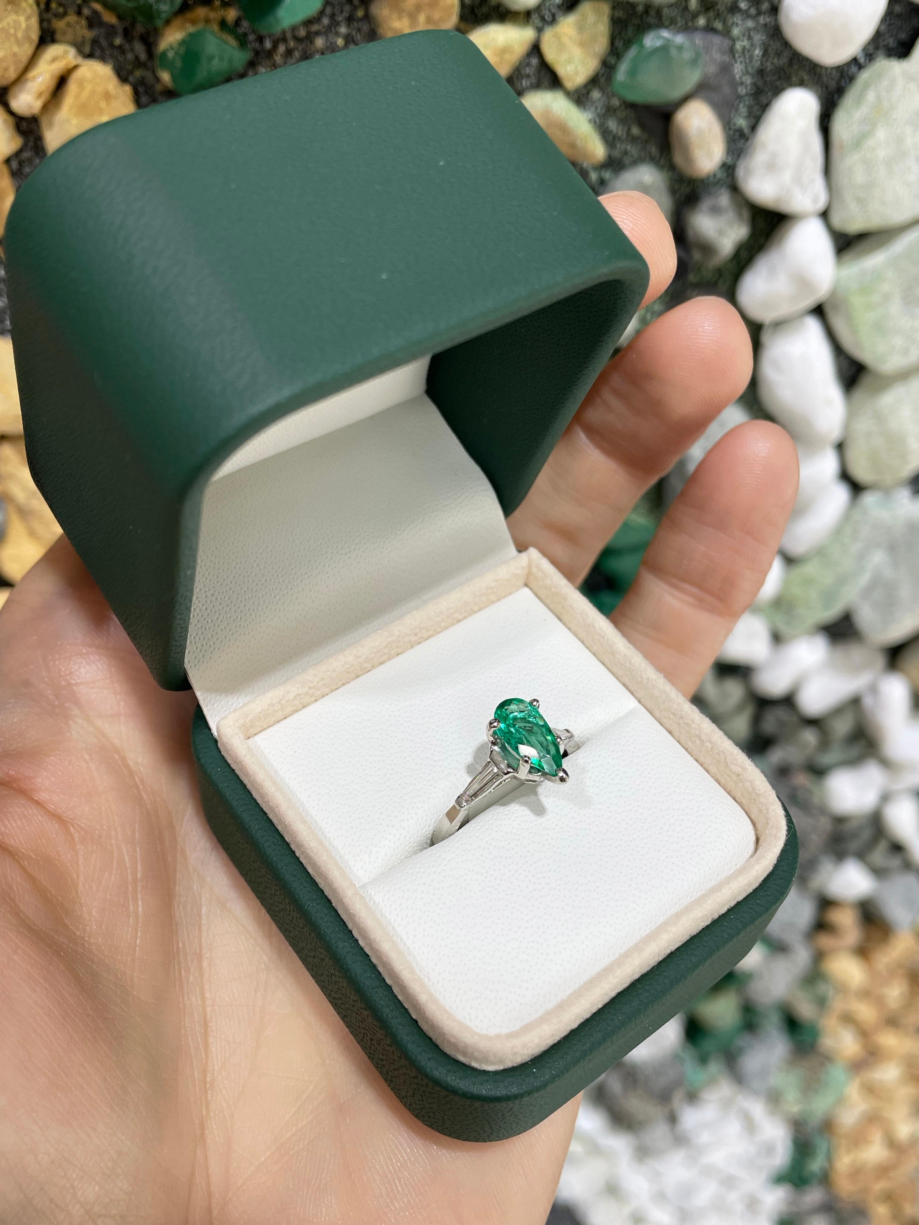 1.49tcw 18K Colombian Emerald-Pear Cut & Tapered Baguette Diamond Three Stone  In New Condition For Sale In Jupiter, FL