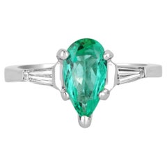 1.49tcw 18K Colombian Emerald-Pear Cut & Tapered Baguette Diamond Three Stone 