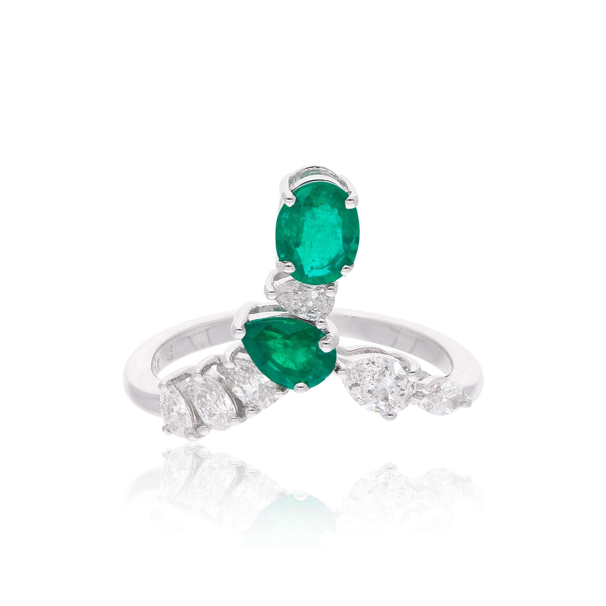 For Sale:  1.49TCW Zambian Emerald Diamond Chevron Ring for Women 14k White Gold Jewelry 7
