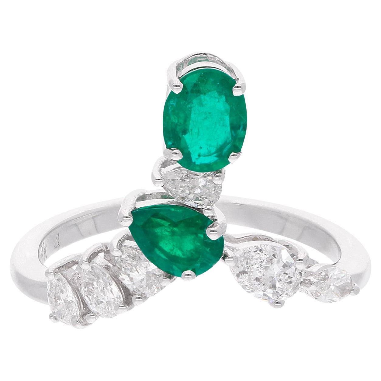 1.49TCW Zambian Emerald Diamond Chevron Ring for Women 18k White Gold Jewelry