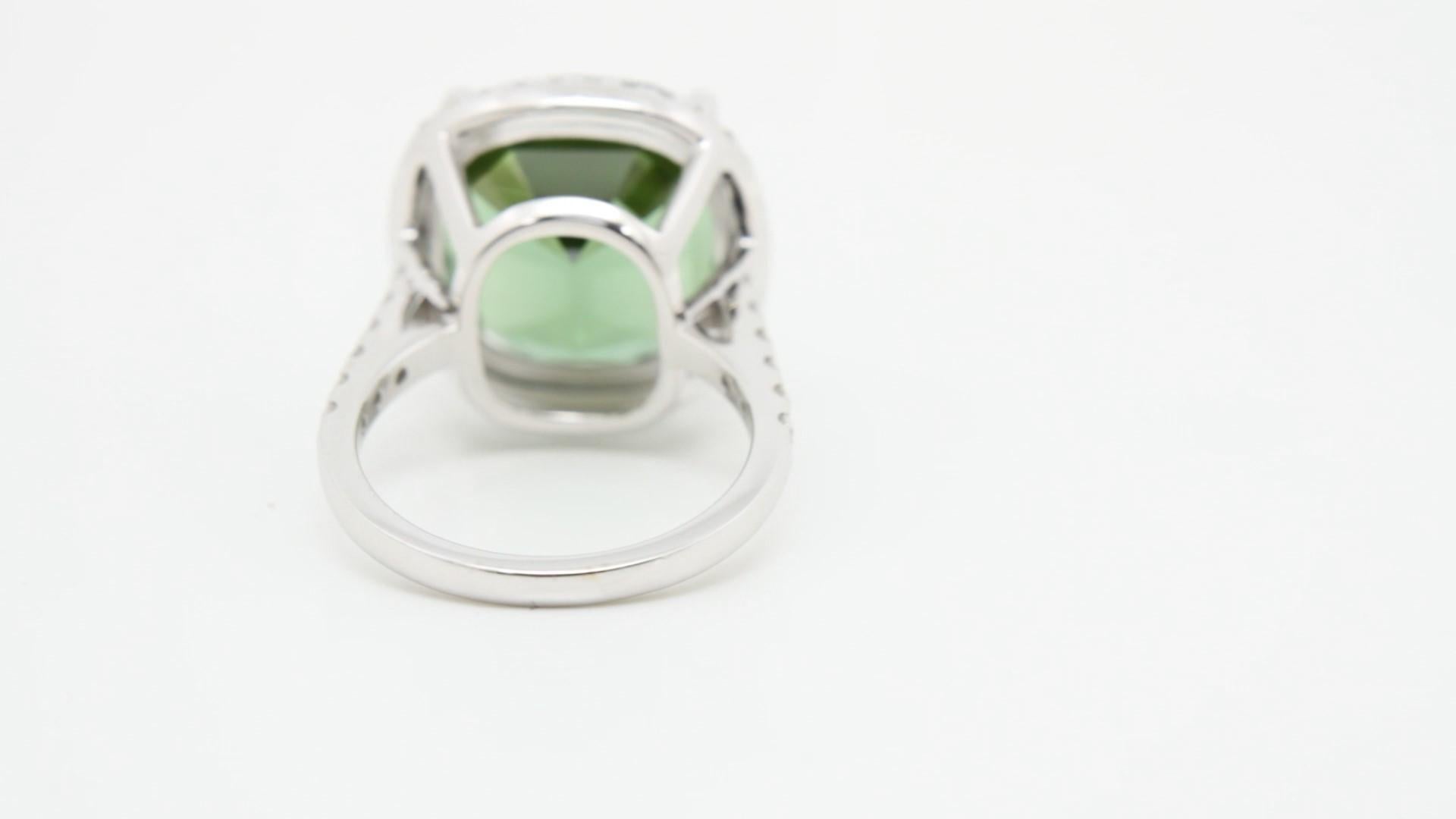 Cushion Cut 14ct Afghan Tourmaline & Diamond Cocktail Ring in 18K White Gold For Sale