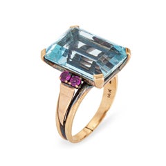 14ct Aquamarine Ring Icy Blue Vintage Mid Century 14k Gold Emerald Cut Ruby