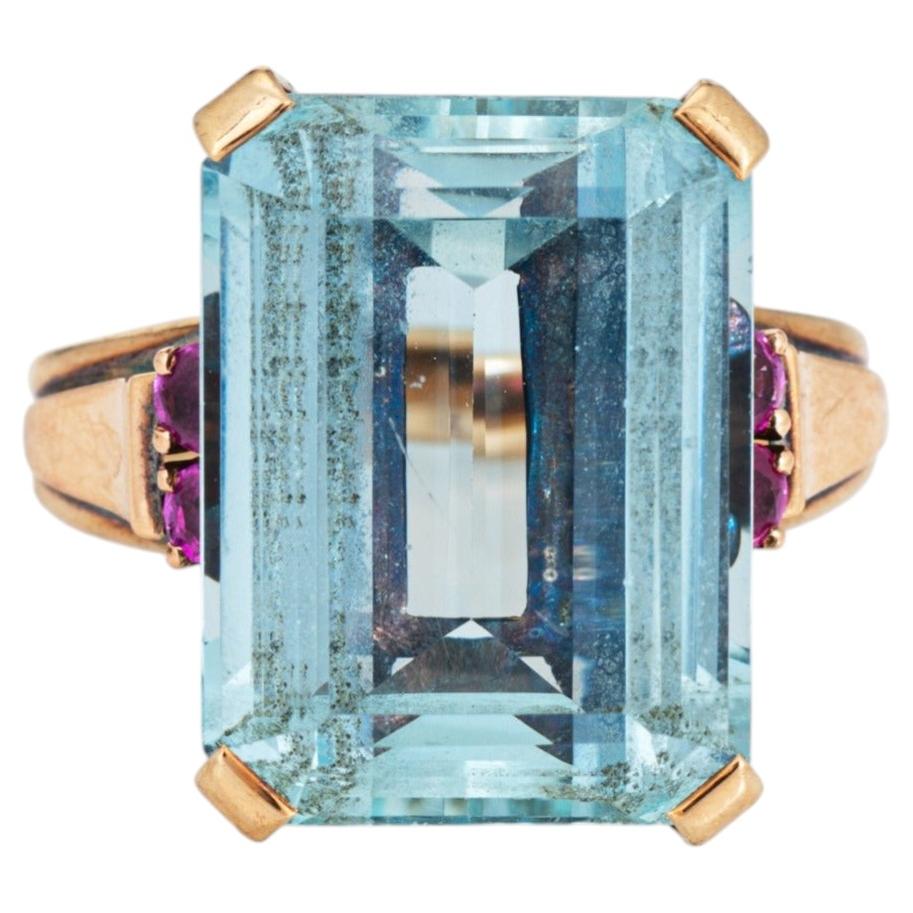 Anello con acquamarina da 14 carati, blu ghiaccio, stile vintage metà secolo, in oro 14k con rubino taglio smeraldo