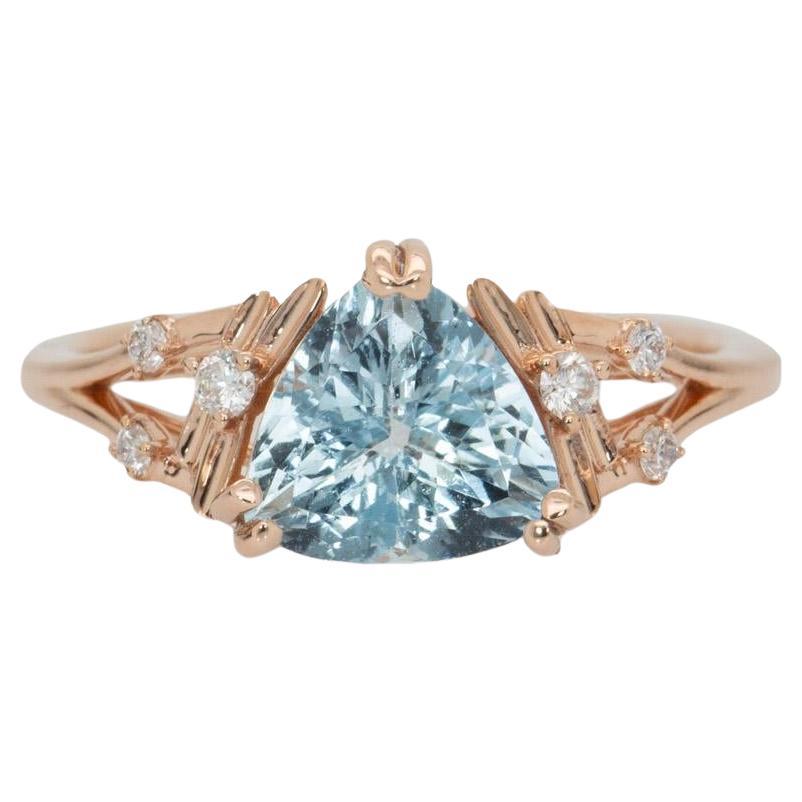 1.4ct Aquamarine Ring with Natural Diamond Accents: Solid 14k Gold, Trillion 8mm