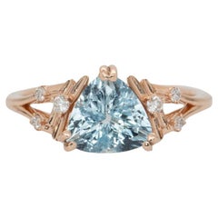 1.4ct Aquamarine Ring with Natural Diamond Accents: Solid 14k Gold, Trillion 8mm