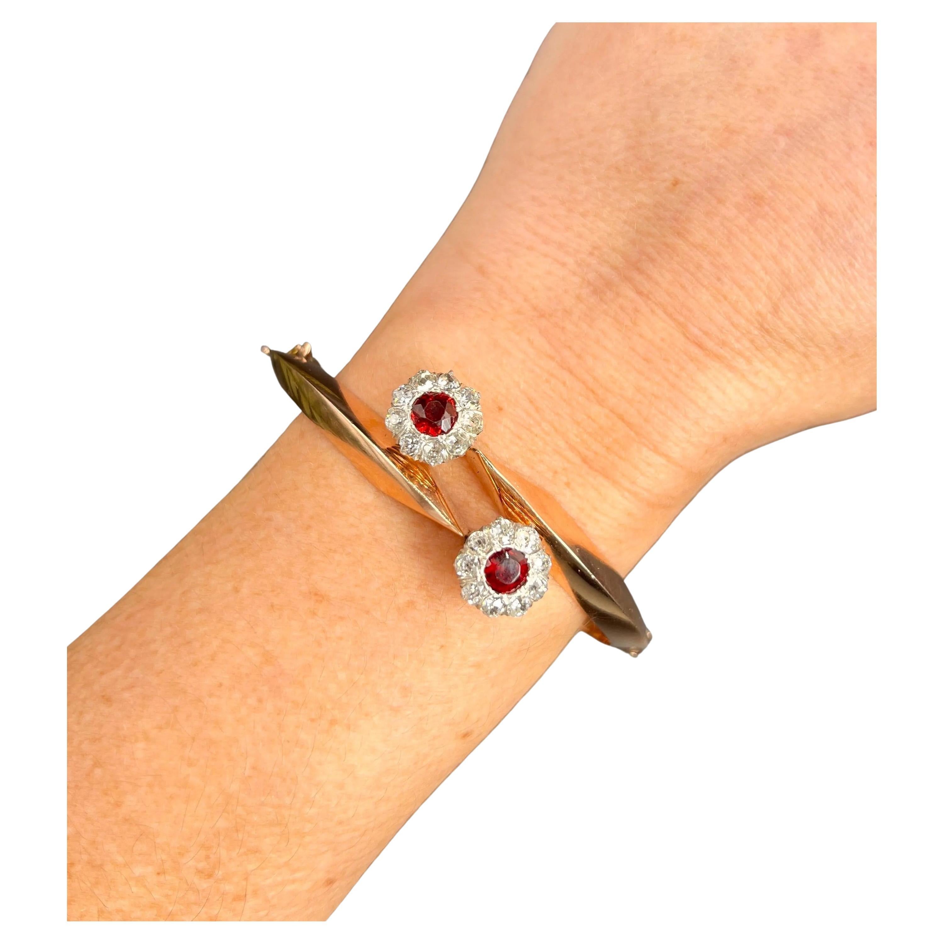 14ct Gold 1940s Garnet & Diamond Bangle, Converts to Daisy Cluster Earrings