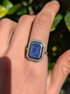 14ct Gold Art Deco Emerald Cut Blue Tanzanite Diamond Halo Cocktail Ring P / 7.5