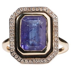 14ct Gold Art Deco Emerald Cut Blue Tanzanite Diamond Halo Cocktail Ring P / 7.5