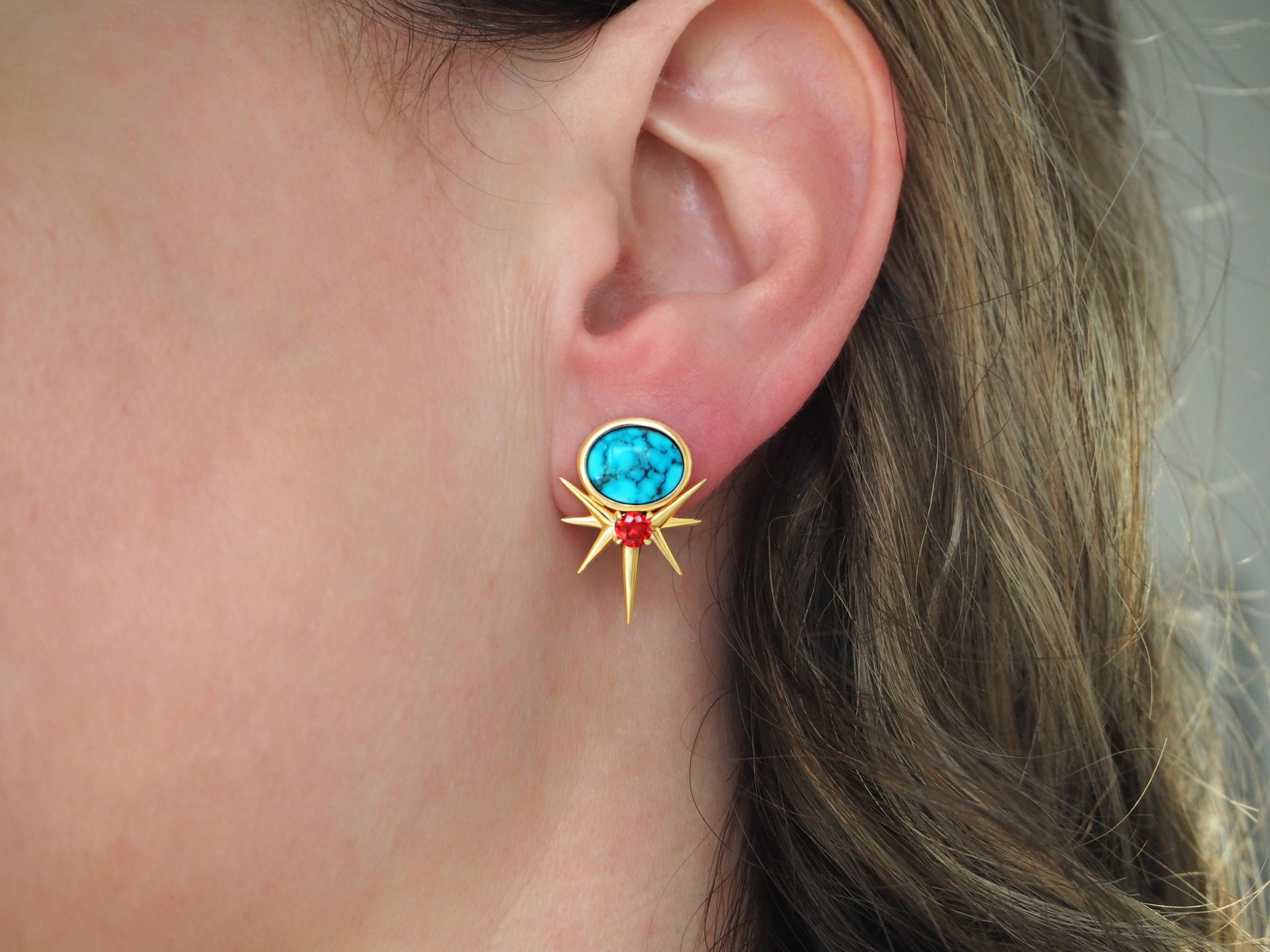 - 14ct Yellow Gold Approx 6.4gms
- Approx 15.3mm Wide x 22mm Length
- Natural Kingman Turquoise Oval-Shaped Cabachon 10mm x 8mm
- 2 x Round Blood-Orange Color Sapphires Approx 0.50ct
- Push Back Butterflies

Turquoise, Blood-Orange Sapphire Spike