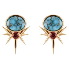 14ct Gold Black Webbed Kingman Turquoise & Blood Orange Sapphire Spike Earrings