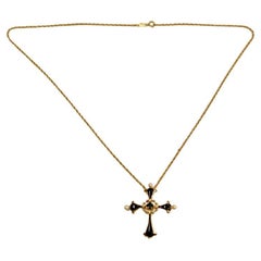 Vintage 14ct Gold Blue Enamel Cross Set with 4 Cultered Pearls, & 4 Diamonds, Circa 1980
