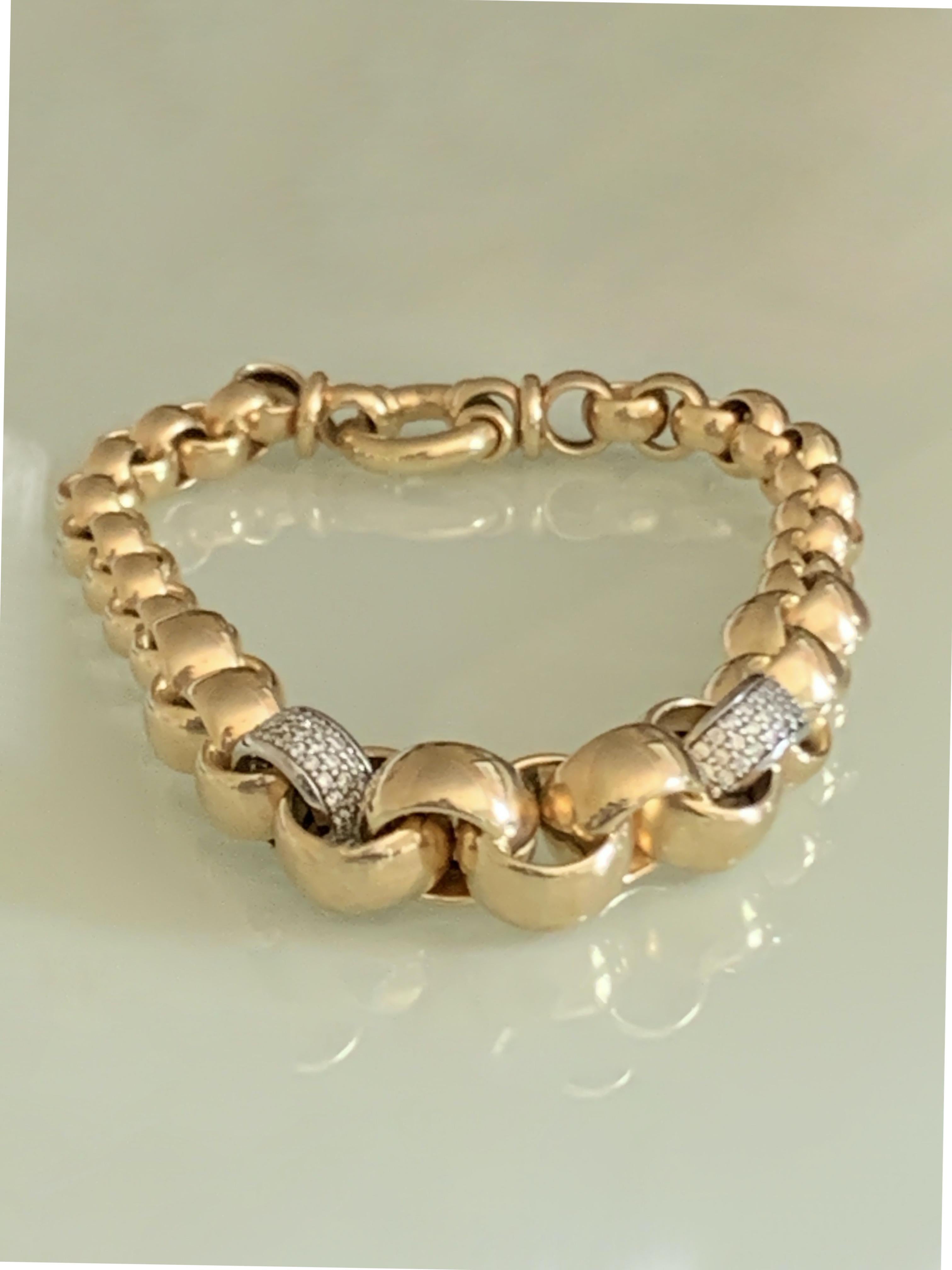 Round Cut 14ct Gold Bracelet with Two Pave Diamond Links For Sale