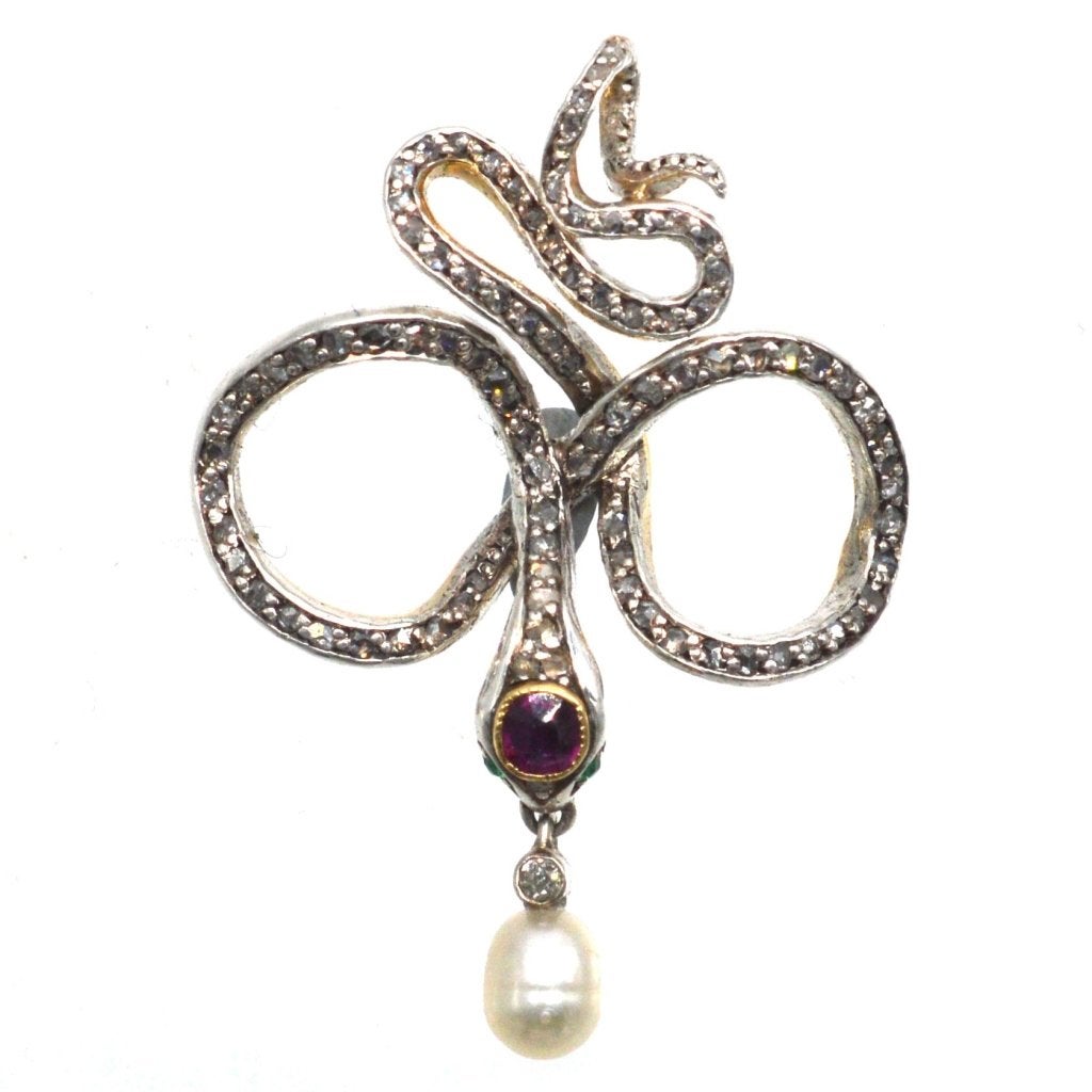 14ct Gold Diamond, Ruby & Emerald Snake Pendant, Early 20th Century
