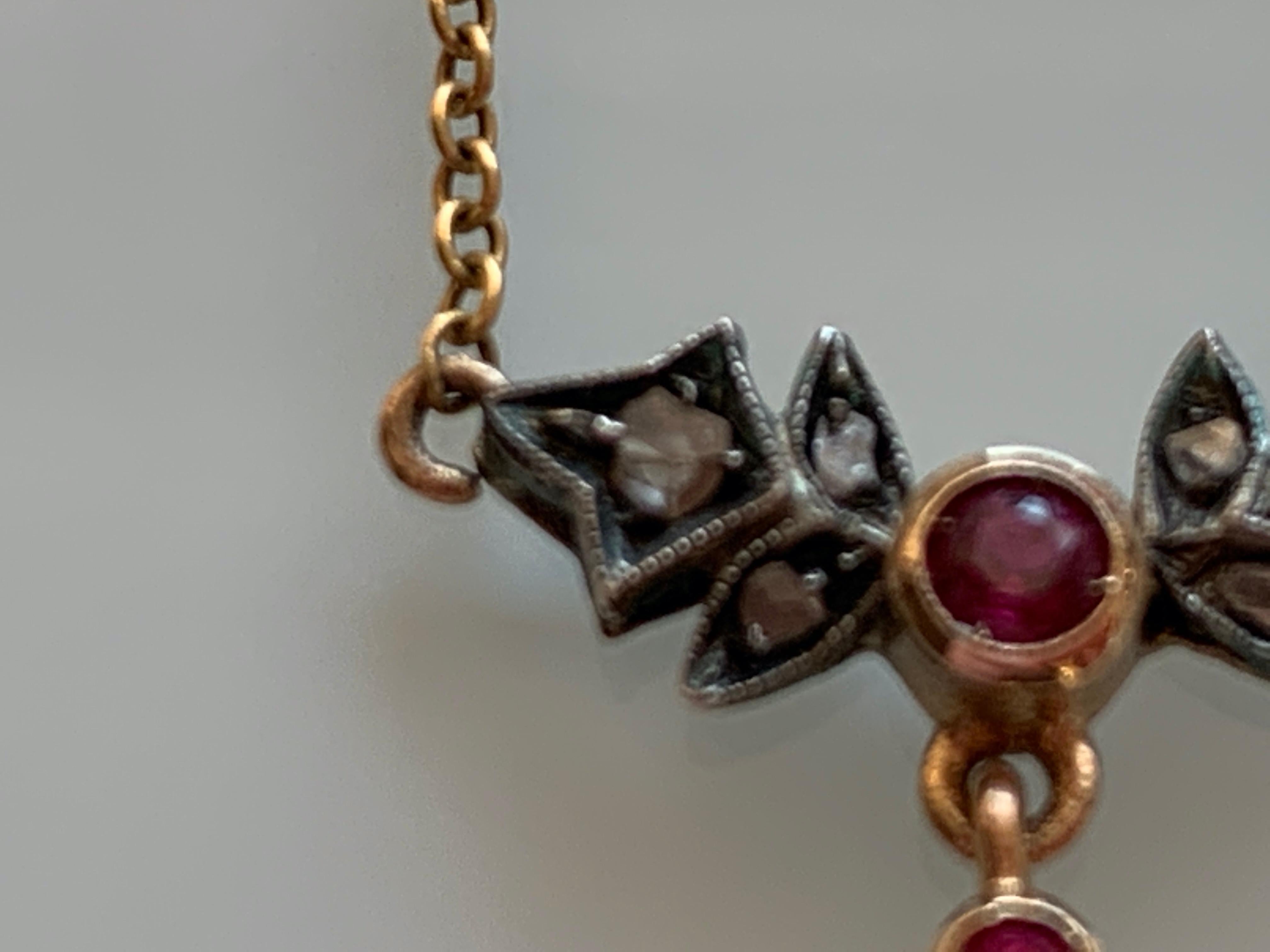 Old Mine Cut 14ct Gold Diamond & Ruby Necklace For Sale