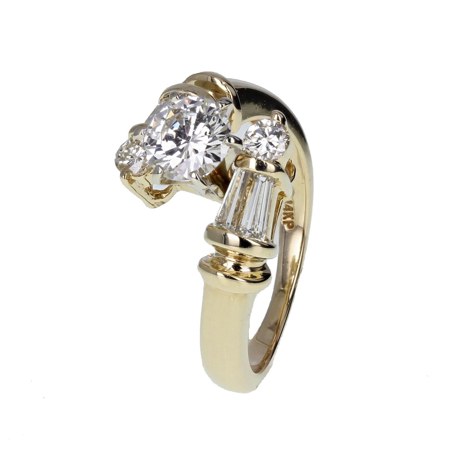  A stylish, sparkling diamond engagement ring. The central brilliant-cut diamond of approximately 0.90 carat, H colour, SI1 clarity, mounted in six 14-carat white gold claws. A fancy 'twist' styled 14-carat yellow gold shank, mounted with a single