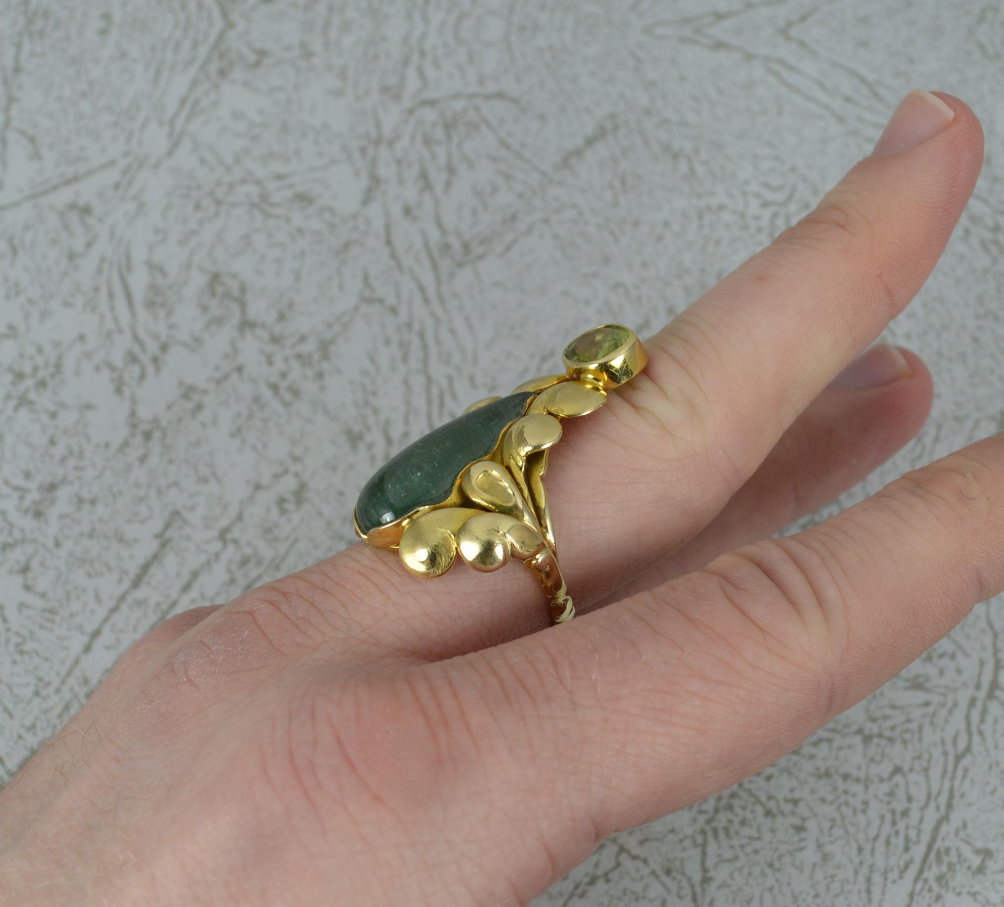 Art Nouveau 14ct Gold Green Tourmaline Cabochon and Peridot Floral Ring For Sale