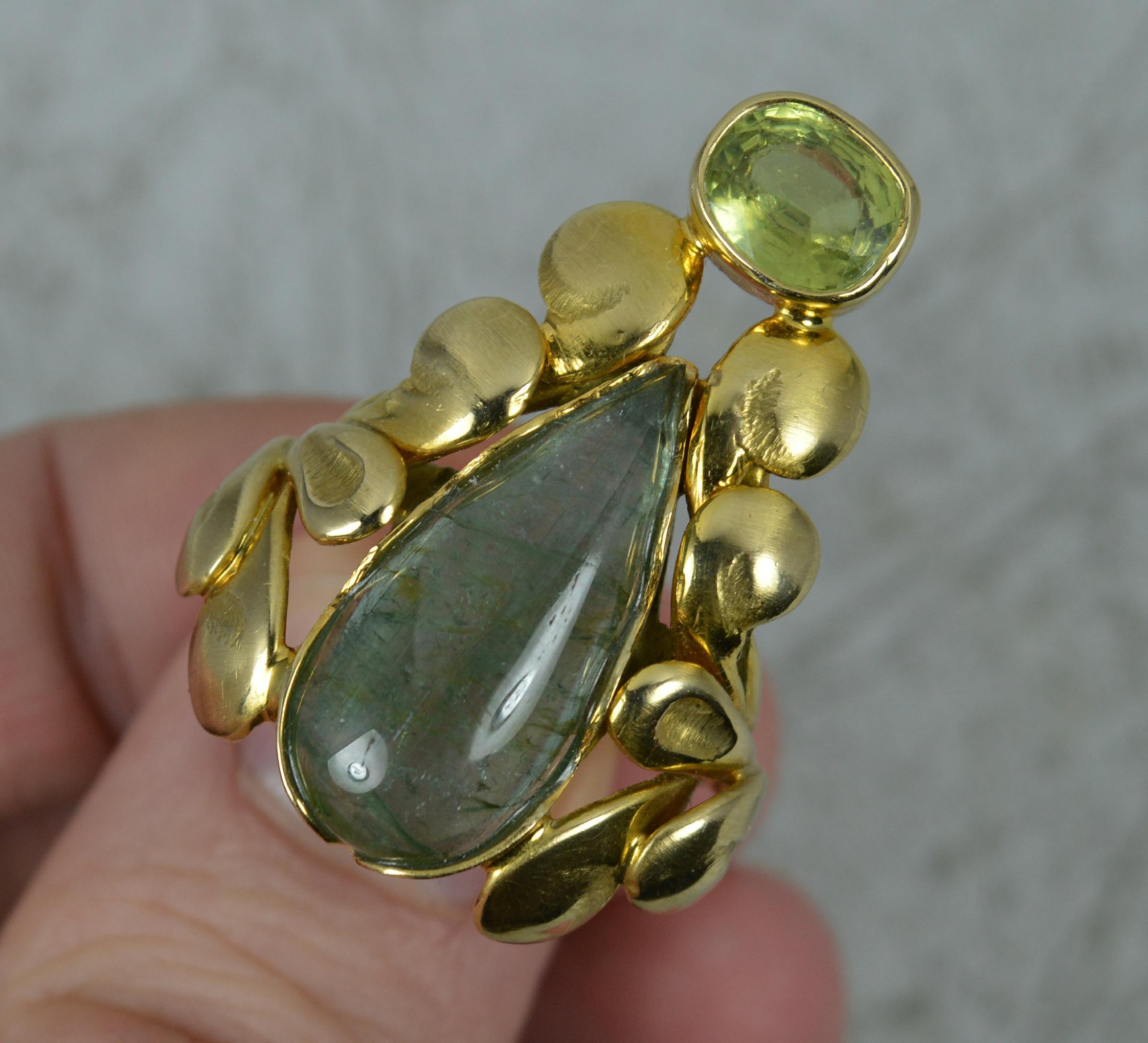 Women's 14ct Gold Green Tourmaline Cabochon and Peridot Floral Ring For Sale