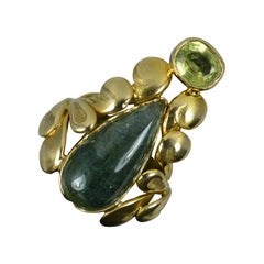 14ct Gold Green Tourmaline Cabochon and Peridot Floral Ring