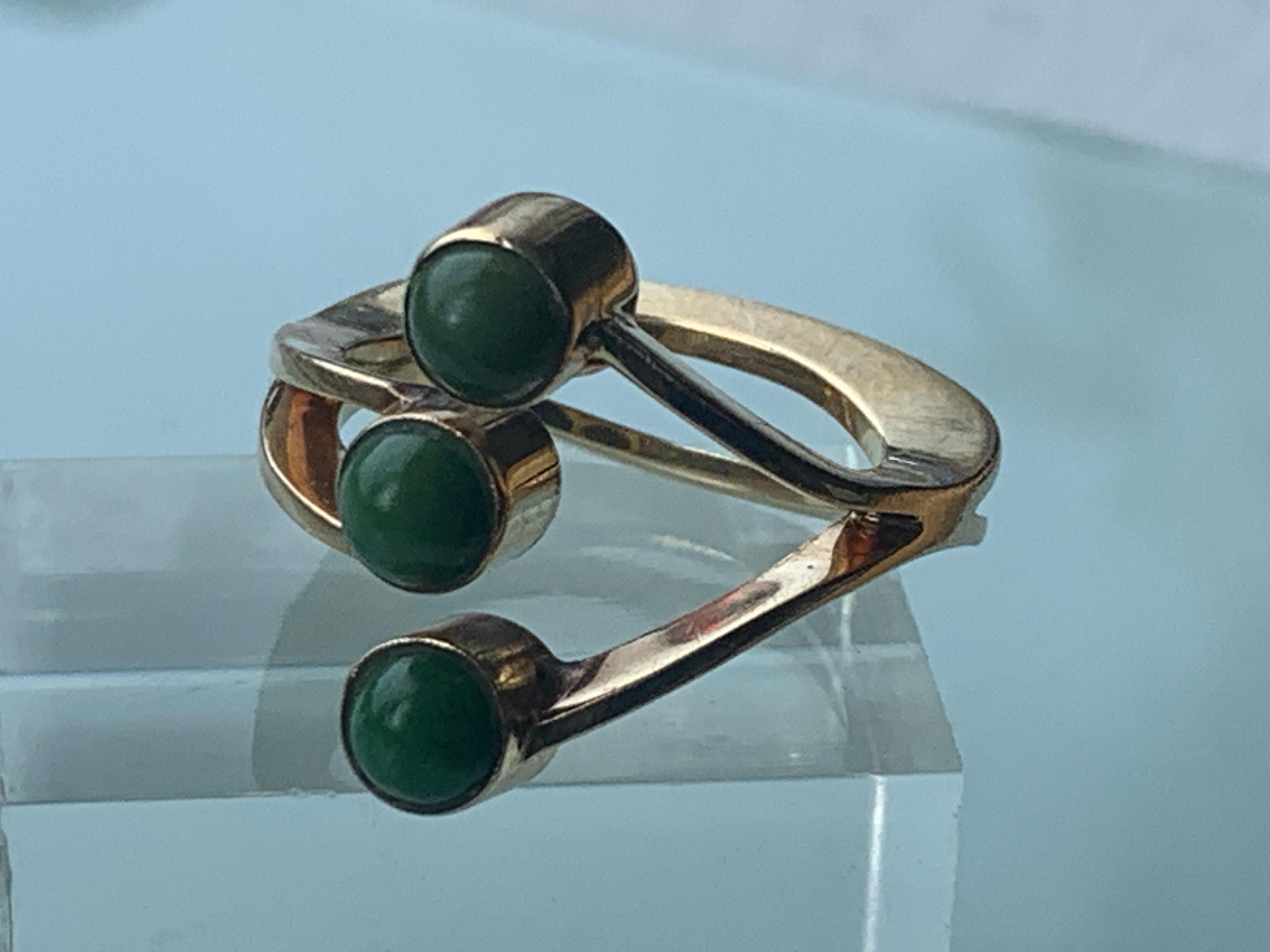 14ct Gold Danish Designer Ring 
By Jorgen Larsen
Stamped JOL 14k
Atomic Design 
unknown green gems