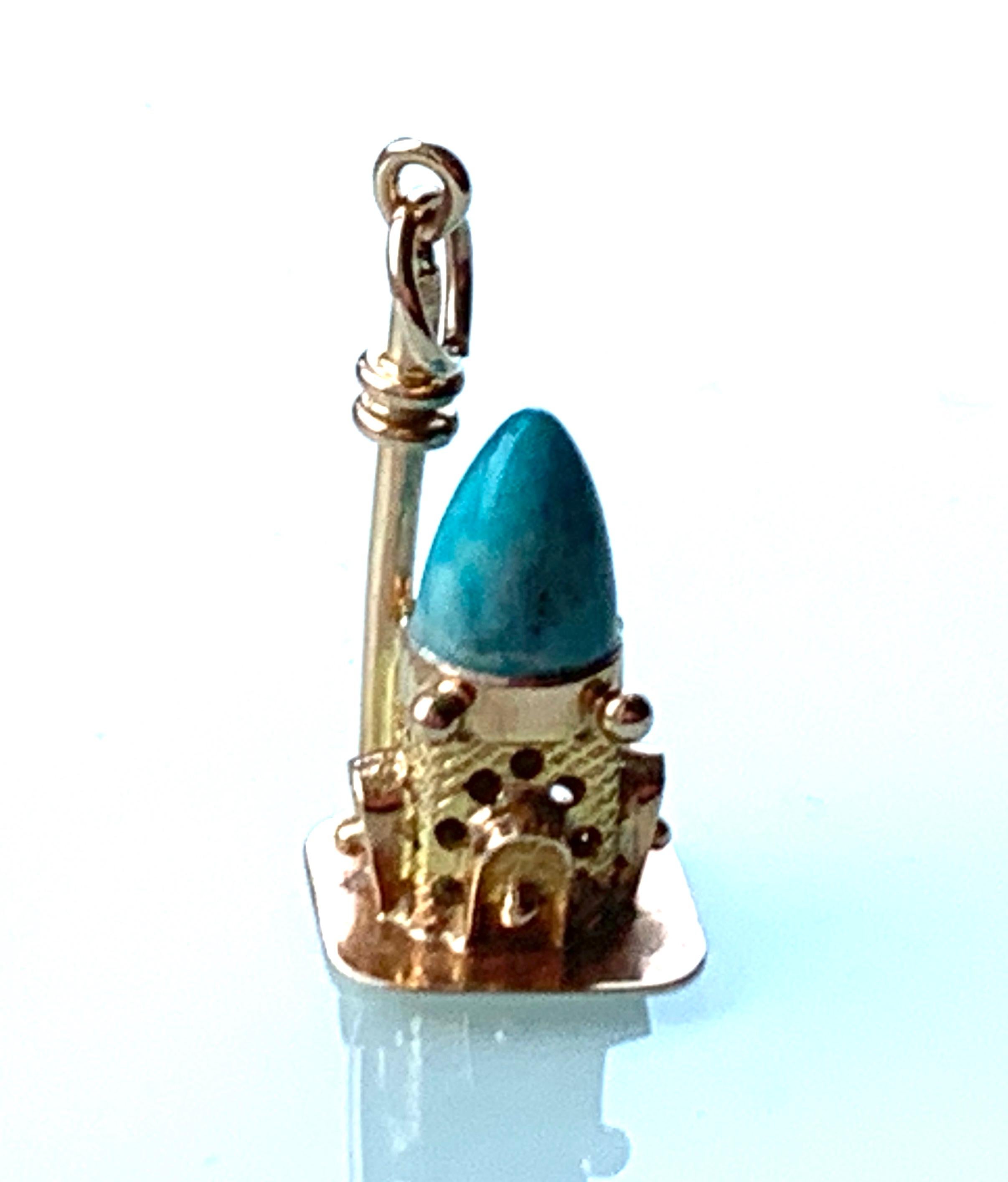 Retro 14ct Gold Temple Charm with Turquoise Stone For Sale