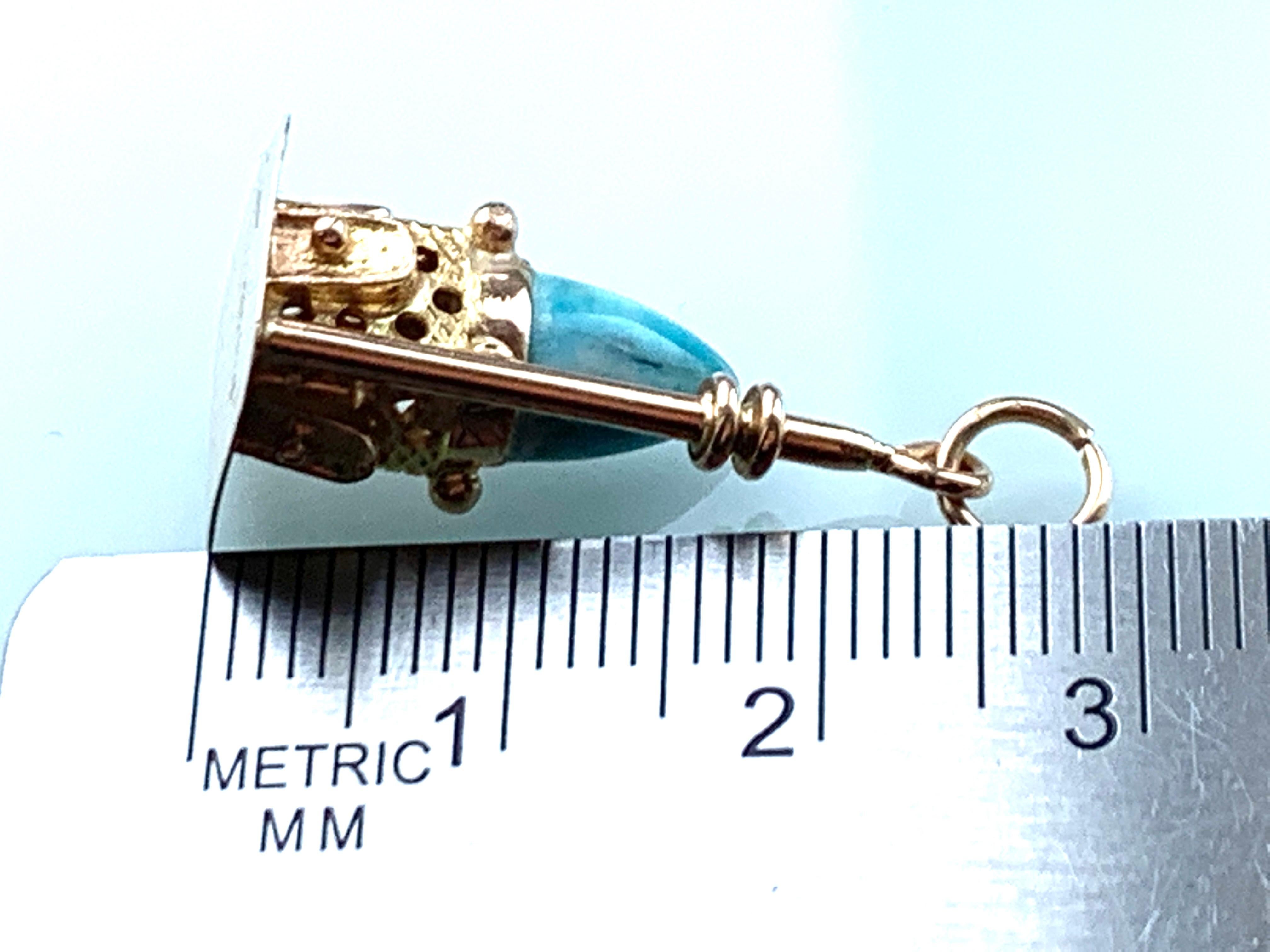 Women's or Men's 14ct Gold Temple Charm with Turquoise Stone For Sale