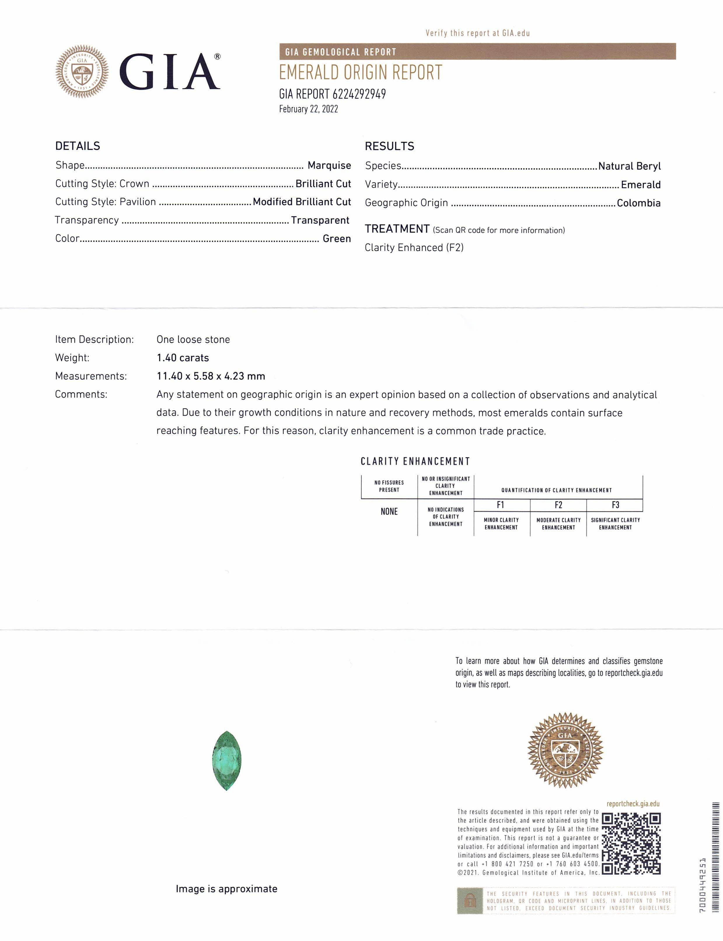 This is a stunning GIA Certified Emerald 

The GIA report reads as follows:

GIA Report Number: 6224292949
Shape: Marquise
Cutting Style: 
Cutting Style: Crown: Brilliant Cut
Cutting Style: Pavilion: Modified Brilliant Cut
Transparency: