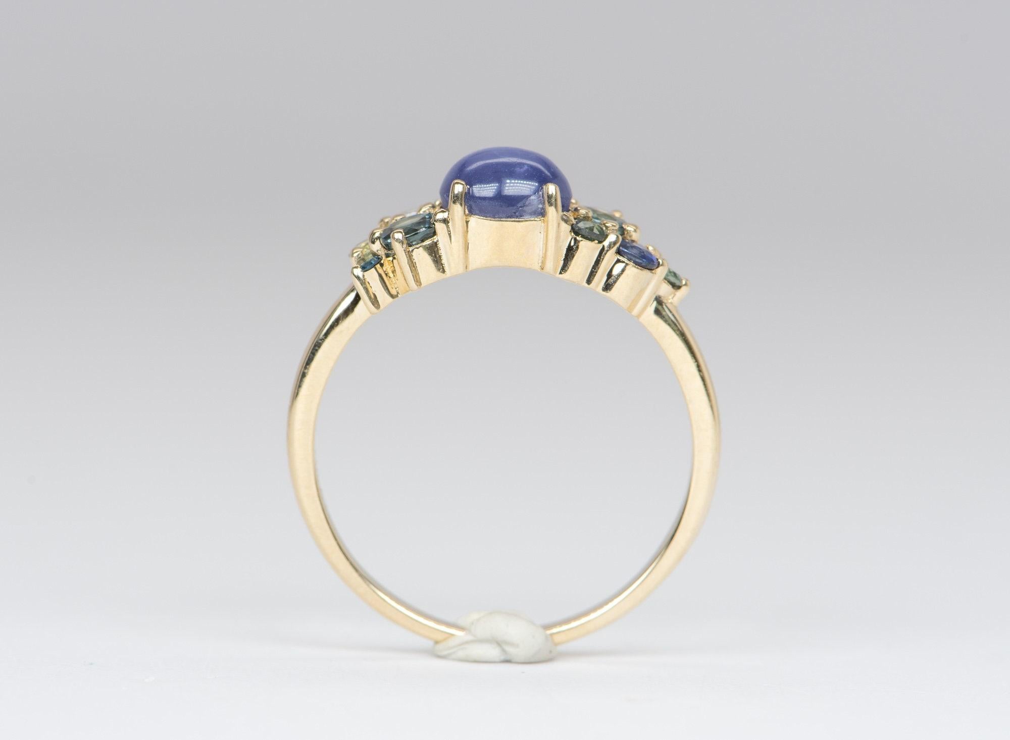 Women's or Men's 1.4ct Natural Blue Star Sapphire Diamond Zircon Cluster Ring 14K Yellow Gold