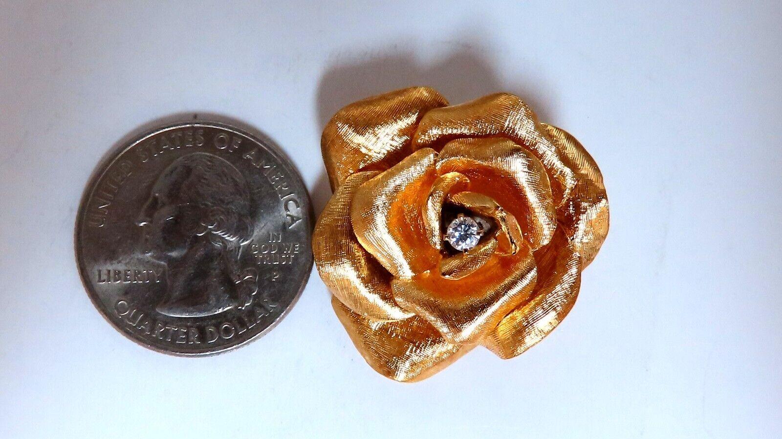 .14ct Natural Diamond Vintage Gold Flower Rose Pin 3d 14kt In Excellent Condition In New York, NY