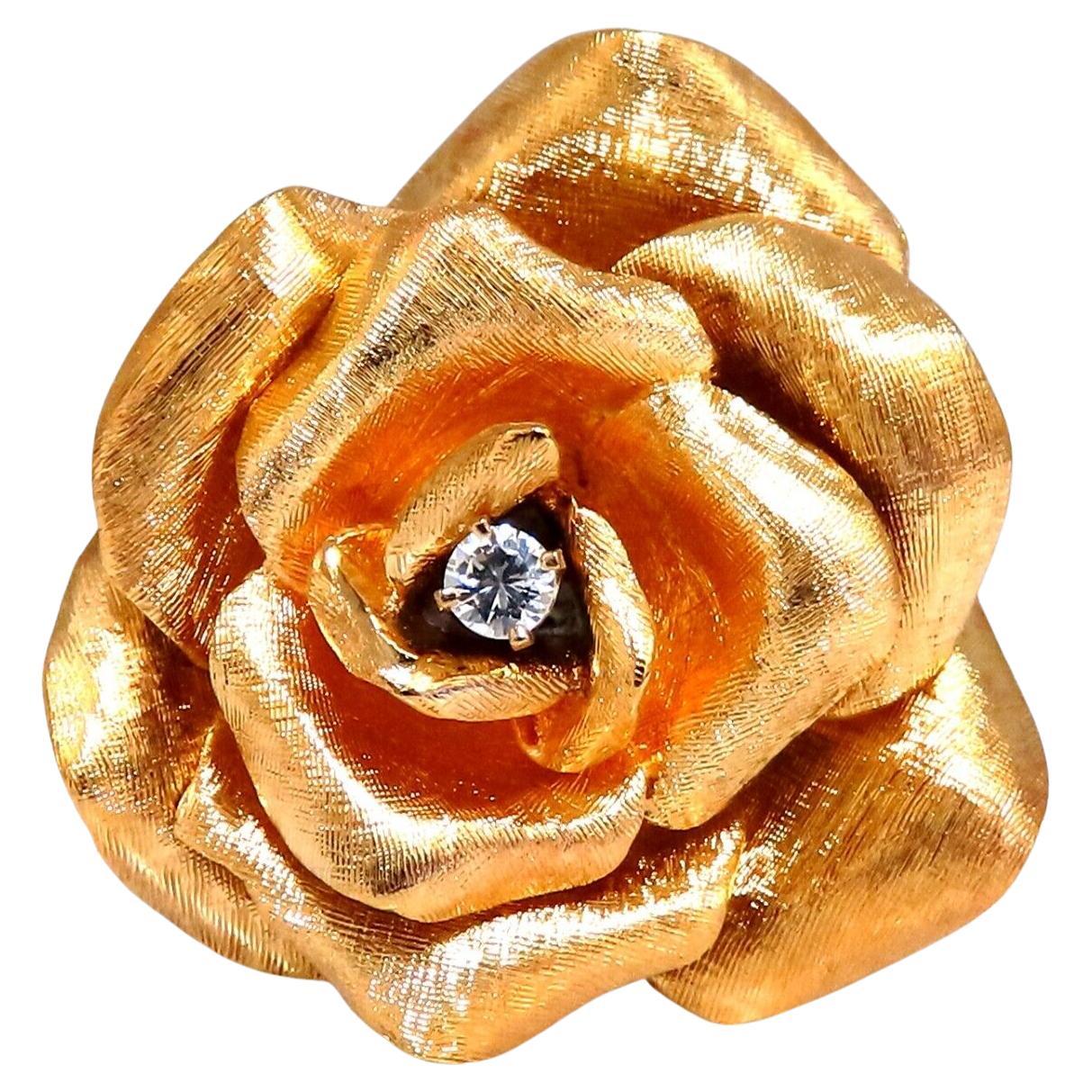 .14ct Natural Diamond Vintage Gold Flower Rose Pin 3d 14kt