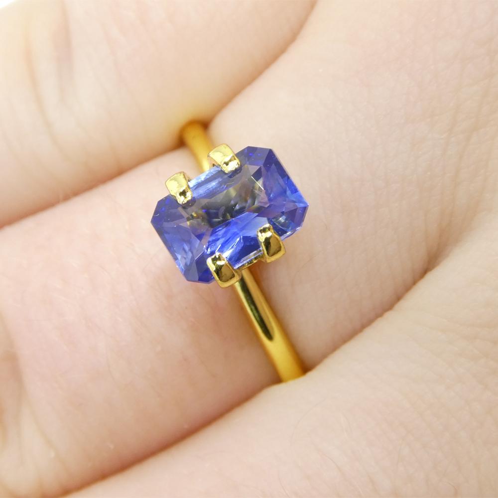 Description:

Gem Type: Sapphire 
Number of Stones: 1
Weight: 1.4 cts
Measurements: 7.85 x 5.47 x 3.47 mm
Shape: Octagonal/Emerald Cut
Cutting Style Crown: Modified Brilliant Cut
Cutting Style Pavilion:  
Transparency: Transparent
Clarity: Very
