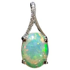 1.4ct Opal Pendant w Earth Mined Diamonds in Solid 14K White Gold Oval 9x7mm