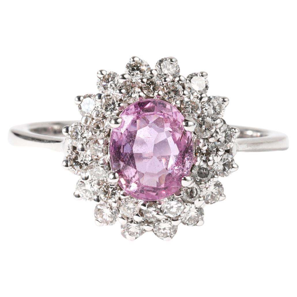 Bague de fiançailles double halo de 1,4 ct de saphirs roses ovales et de diamants - or blanc 18 ct en vente